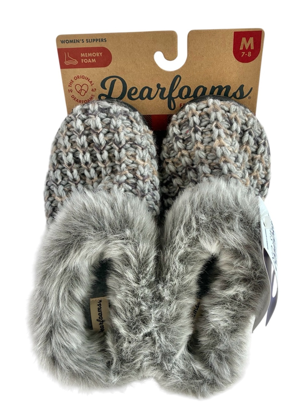 Dearfoams Women's M 7-8 Clog Cable Knit Gray Fur Slippers NEW
